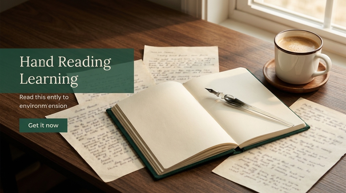 Meja belajar dengan buku jurnal terbuka, pena, dan cangkir kopi di latar emerald lembut.