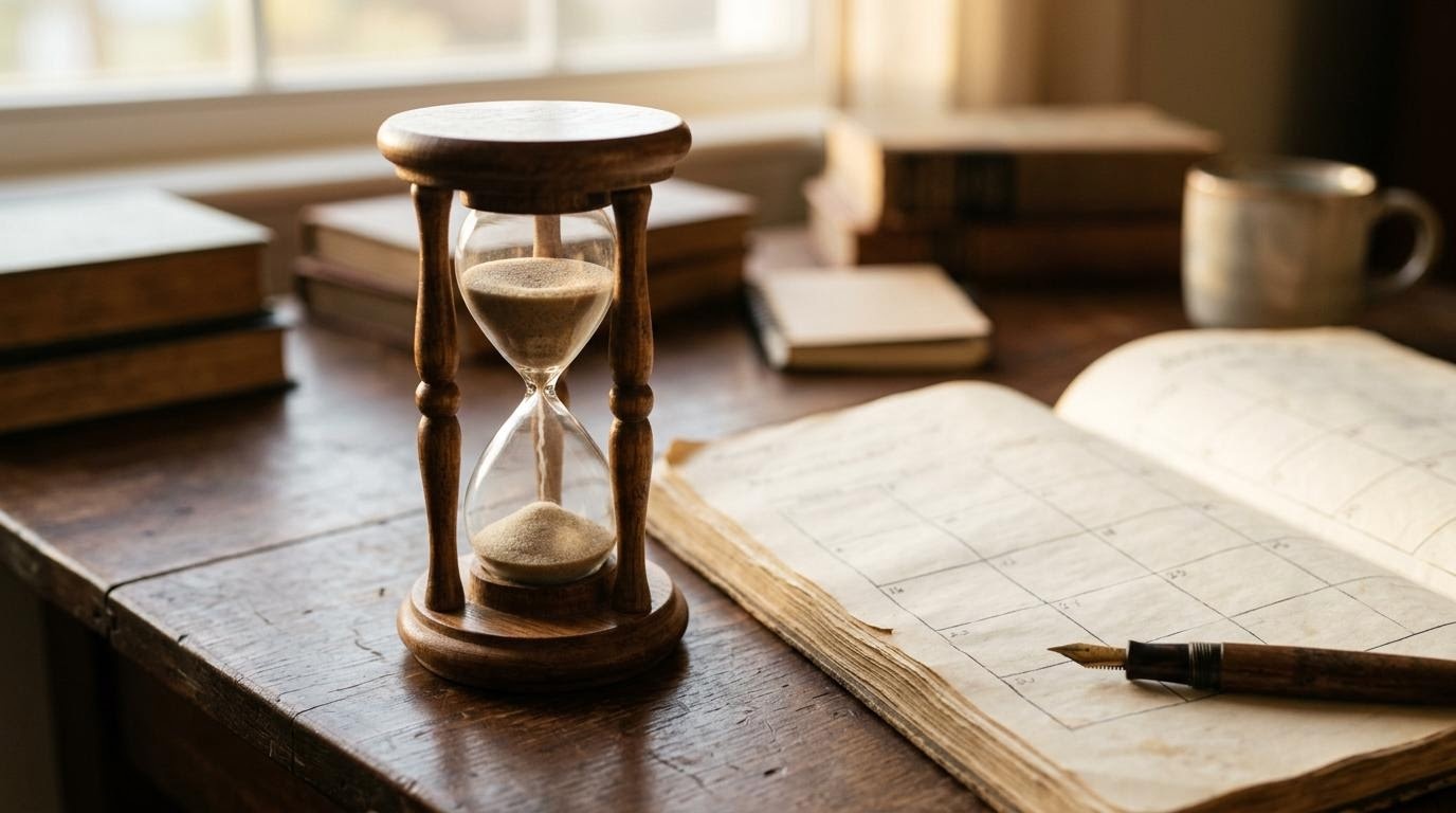 Jam pasir kayu di meja belajar dengan halaman kalender terbuka.