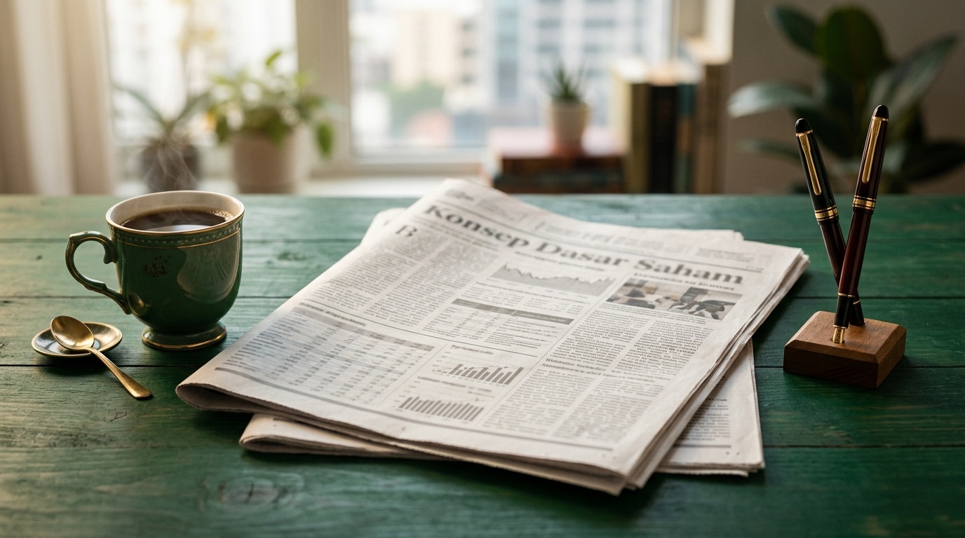 Halaman koran bisnis terlipat dengan gelas kopi di meja kayu emerald.