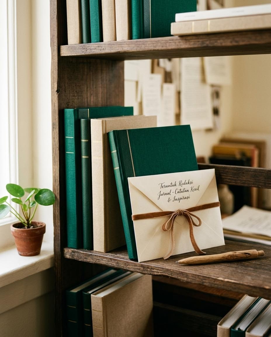 Rak buku kecil dengan jurnal bersampul emerald dan amplop berisi catatan tulisan tangan.